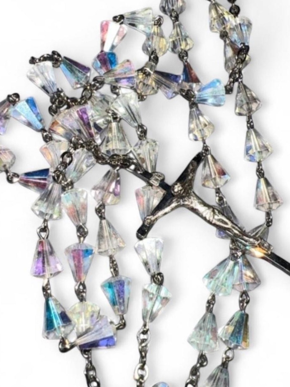 Vintage AB Iridescent Cut Crystal Bicone Silver Rosary Rosaries Necklace 30”